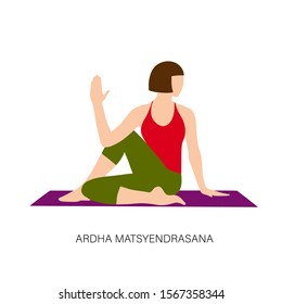 Yogi woman in Ardha Matsyendrasana or back twisting pose. Female cartoon character practicing Hatha yoga. Girl demonstrating exercise during gymnastics training. Flat vector illustration.