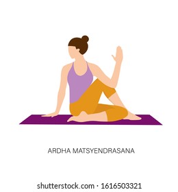 Yogi woman in Ardha Matsyendrasana or back twisting pose. Traction pose. Female cartoon character practicing Hatha yoga. Girl demonstrating exercise during gymnastics training. Vector illustration