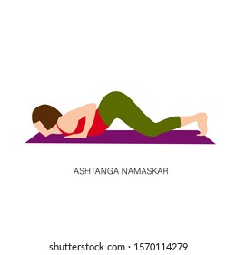 Yogi woman in Ashtanga Namaskar or Eight Limbed Pose. Female cartoon character practicing Hatha yoga. Girl demonstrating exercise during gymnastics training. Flat vector illustration.
