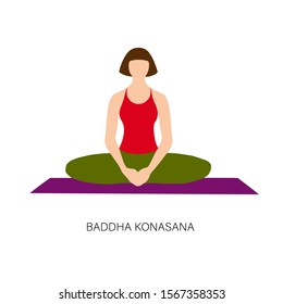 Yogi woman in Baddha Konasana or Bound Angle Yoga pose. Female cartoon character practicing Hatha yoga. Girl demonstrating exercise during gymnastics training. Flat vector illustration.