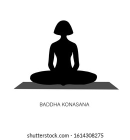 Yogi woman in Baddha Konasana or Bound Angle Yoga pose. Female cartoon character practicing Hatha yoga. Girl demonstrating exercise during gymnastics training. Flat vector illustration.