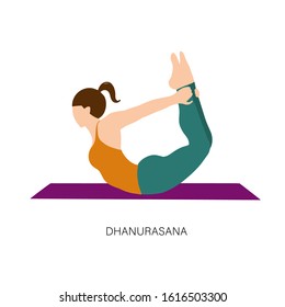 Yogi woman in Dhanurasana or Bow yoga pose. Female cartoon character practicing Hatha yoga. Girl demonstrating exercise during gymnastics training. Flat vector illustration.