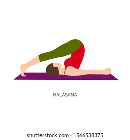 Yogi woman in Halasana or Plow pose. Female cartoon character practicing Hatha yoga. Girl demonstrating exercise during gymnastics training. Flat vector illustration.