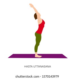 Yogi woman in Hasta Uttanasana or Raised Arms Pose. Female cartoon character practicing Hatha yoga. Girl demonstrating exercise during gymnastics training. Flat vector illustration.
