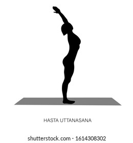 Yogi woman in Hasta Uttanasana or Raised Arms Pose. Female cartoon character practicing Hatha yoga. Girl demonstrating exercise during gymnastics training. Flat vector illustration.