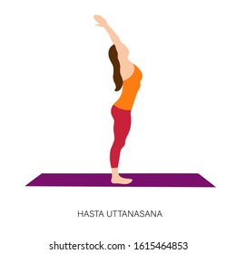 Yogi woman in Hasta Uttanasana or Raised Arms Pose. Female cartoon character practicing Hatha yoga. Girl demonstrating exercise during gymnastics training. Flat vector illustration.