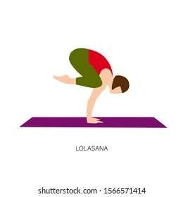 Yogi woman in Lolasana or Pendant pose. Female cartoon character practicing Hatha yoga. Girl demonstrating exercise during gymnastics training. Flat vector illustration.