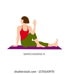 Yogi woman in Marichiasana III or twisting pose. Female cartoon character practicing Hatha yoga. Girl demonstrating exercise during gymnastics training. Flat vector illustration.