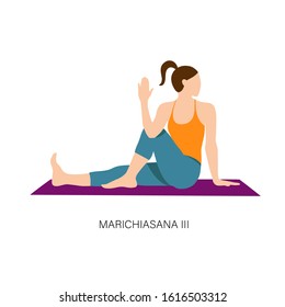 Yogi woman in Marichiasana III or twisting pose. Female cartoon character practicing Hatha yoga. Girl demonstrating exercise during gymnastics training. Flat vector illustration.