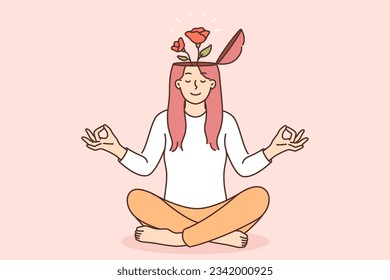 Yogi woman meditates and feels how flowers grow from head, symbolizing mental harmony or balance. Girl sits in lotus position and meditates to get rid of bad thoughts after receiving bad news.