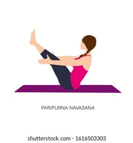 Yogi woman in Paripurna Navasana or Boat pose. Female cartoon character practicing Hatha yoga. Girl demonstrating exercise during gymnastics training. Flat vector illustration.