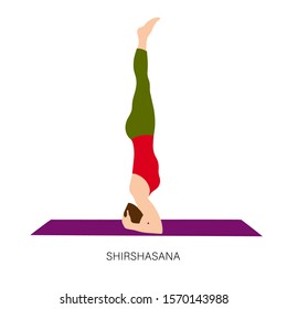 Yogi woman in Shirshasana or Headstand yoga pose. Female cartoon character practicing Hatha yoga. Girl demonstrating exercise during gymnastics training. Flat vector illustration.