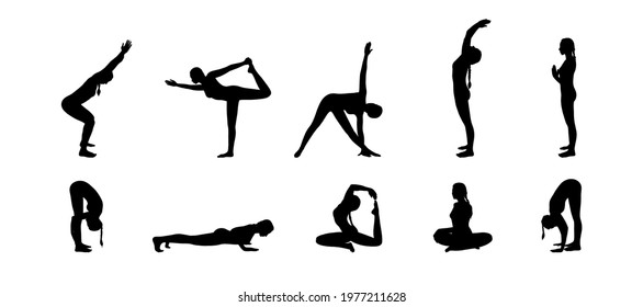 Yogi woman silhouettes set. Hatha yoga asanas. Vector illustration isolated in white background