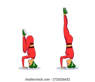yogi woman stands on head, asana sirsasana exercise, headstand pose. Girl working out and practicing yoga. meditation and relaxation to get Calmness and peace. Isolated vector stock illustration 