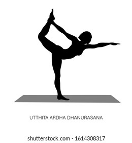 Yogi woman in Utthita Ardha Dhanurasana or Half Bow pose. Female cartoon character practicing Hatha yoga. Girl demonstrating exercise during gymnastics training. Flat vector illustration.