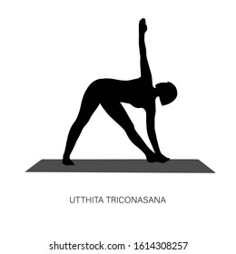 Yogi woman in Utthita triconasana or Elongated Triangle pose. Female cartoon character practicing Hatha yoga. Girl demonstrating exercise during gymnastics training. Flat vector illustration.