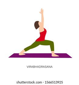 Yogi woman in Virabhadrasana or Good warrior pose. Female cartoon character practicing Hatha yoga. Girl demonstrating exercise during gymnastics training. Flat vector illustration.