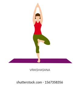 Yogi woman in Vrikshasana or Tree pose. Female cartoon character practicing Hatha yoga. Girl demonstrating exercise during gymnastics training. Flat vector illustration.