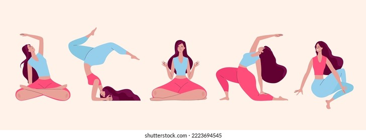 Yogi women doing Yoga exercises. People practicing Yoga Set. Sport and healthy lifestyle concept. Cartoon flat vector illustration