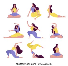 Yogi women doing Yoga exercises Set. People in different poses practicing Yoga. Sport and healthy lifestyle concept. Cartoon flat vector illustration