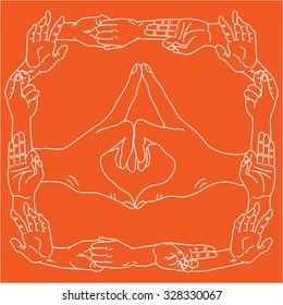 Yogic hand gestures. Palms in different mudra positions. Vector illustration. 