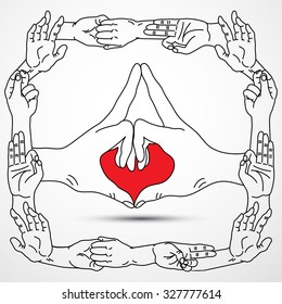 Yogic hand gestures.Palms in different mudra positions. Vector illustration. 