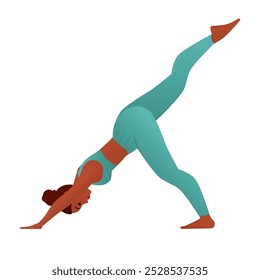 Yogini in Downward Facing Dog with Leg Lift Three-Legged Dog Pose Strength and Balance Yoga Vector Illustration