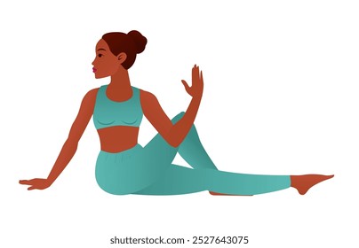 Yogini em meio Senhor dos Peixes Pose Ardha Matsyendrasana Sentado Torção espinhal Ioga Vetor Ilustração