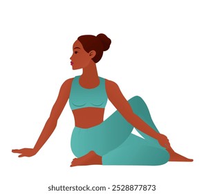 Yogini em meio Senhor dos Peixes Pose Ardha Matsyendrasana sentado Torção Ioga Vetor Ilustração Não Estendida Perna