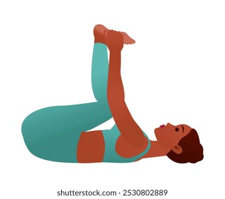 Yogini em Pose Feliz Bebê Ananda Balasana Relaxante Yoga Alongamento Vetor Ilustração