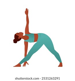 Yogini em triângulo Pose Trikonasana de pé Yoga Alongamento Vetor Ilustração