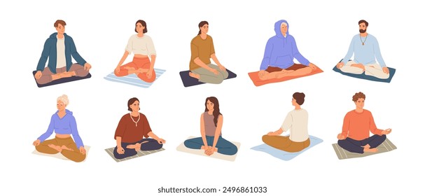 Yogis meditate set. Different people practice breathing, mental harmony, zen balance exercises. Men and women sit in yoga asanas, lotus pose. Flat isolated vector illustrations on white background