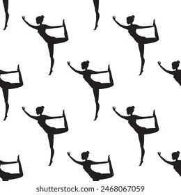 Yogis in poses, woman practicing asana, texture. Sport training background. Textile, wallpaper, wrapping paper design. People exercising yoga seamless pattern. vector illustration