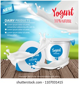 Yogurt ads, appetizing round white glossy plastic pot with yogurt splash , 3d vector illustration for web or magazine design for you