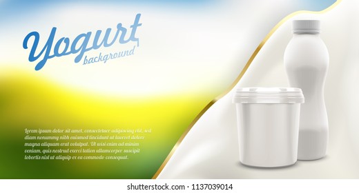 Yogurt ads banner with branding ready blank jar and bottle on bright background with milk wave, commercial product mock-up vector realistic illustration
