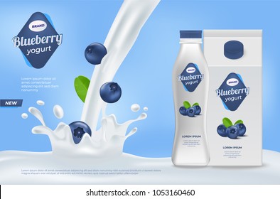 Yogurt advertisement. Blueberries in milk splash with milk and yogurt bottle packaging design. Realistic 3d vector gradient mesh.