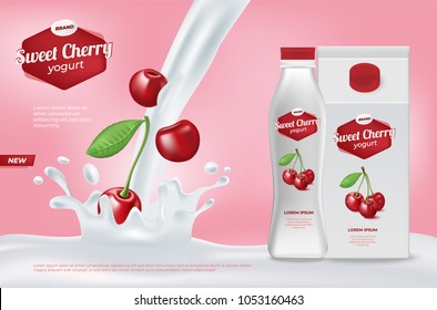Yogurt advertisement. Cherries in milk splash with milk and yogurt bottle packaging design. Realistic 3d vector gradient mesh.