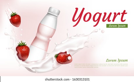 Yogurt advertising with strawberries and milk splash. Blank plastic bottle for sweet dairy drink. Vector realistic mockup with youghurt pack in white cream wave for ads poster of fruit dessert