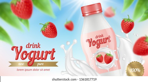 Yogurt advertizing. Placard with package of fruit yogurt milk and cream splashes healthy food desserts vector picture