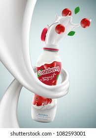 Yogurt bottle ads with cranberry flavor in milk swirl, commercial vector yogurt beverage mock-up hyperrealistic illustration