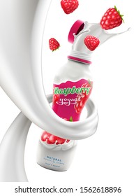 Yogurt bottle ads with raspberry flavor in milk swirl, commercial vector yogurt beverage mock-up hyperrealistic illustration