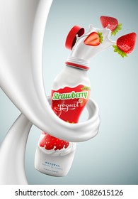 Yogurt bottle ads with strawberry flavor in milk swirl, commercial vector yogurt beverage mock-up hyperrealistic illustration