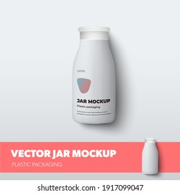 Yogurt bottle vector mockup, with design presentation in red, with realistic shadows. Lotion plastic jar template isolated on background. Vitamins packaging for advertising in pharmacy and medicine