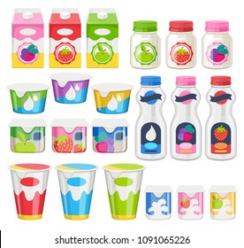 Yogurt bottles and cups packs icons set. Dairy products packaging. Good for supermarket design.