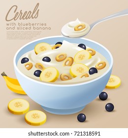 Yogurt Bowl with Cereals ,Blueberries and Sliced Banana : Vector Illustration