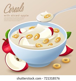 Yogurt Bowl with Cereals and Red Apples: Vector Illustration