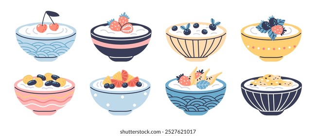 Yogurt bowl different colors with sour or cheese cream, fruits slices and berries icons set. Cartoon white yogurt in painted ceramic plates. Vector flat fresh milk mousse, smooth dessert