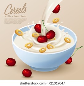 Yogurt Bowl with Milk Splash : Cereals and Cherries : Vector Illustration