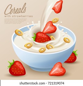 Yogurt Bowl with Milk Splash : Cereals and Strawberries : Vector Illustration