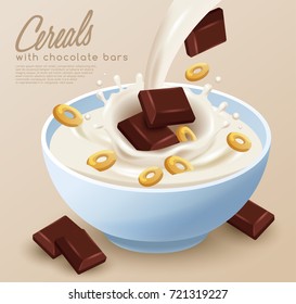 Yogurt Bowl with Milk Splash : Cereals and Chocolate Bars : Vector Illustration